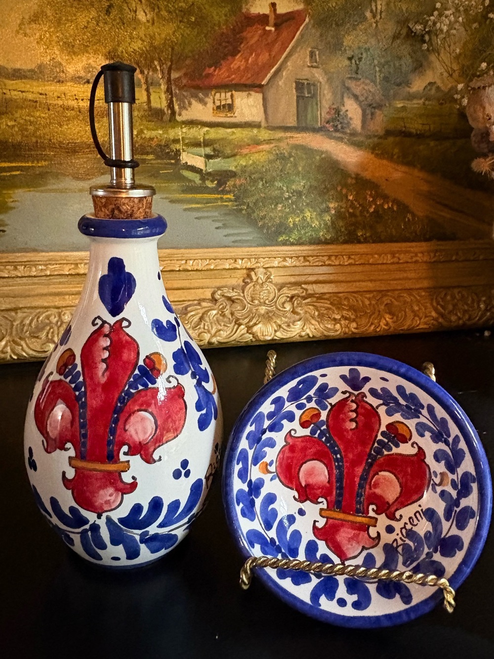 Italian Firenze Ricceri Hand-Painted Ceramic Oil/Vinegar Cruet Spout + Sm. Dish